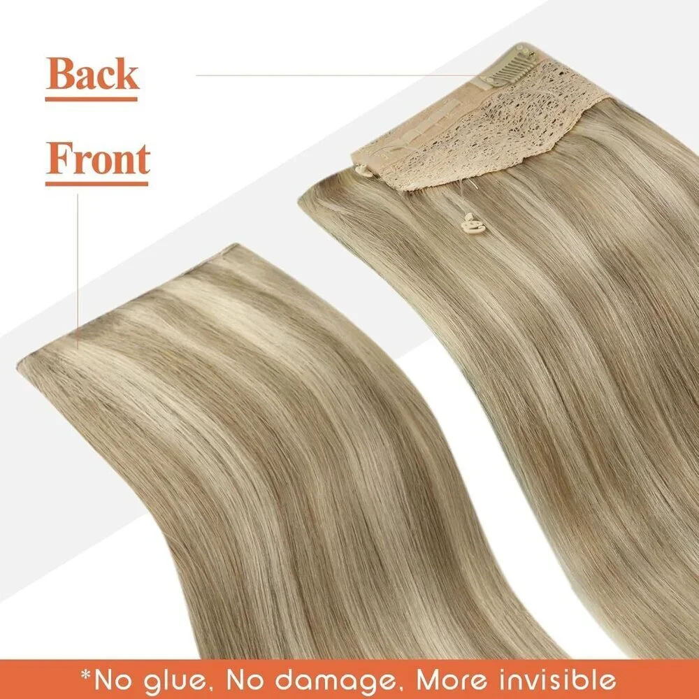 Human Hair Extensions Golden Blonde 18 Inch Clip-in Invisible Wire Versatile
